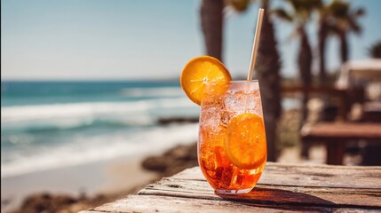 A colorful orange drink filled with ice and garnished with slices of orange sits on a rustic wooden table. The beach and ocean waves can be seen in the background under clear blue skies.