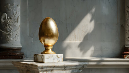 Golden Egg on Display in Elegant Museum Setting With Marble Pedestal and Soft Lighting