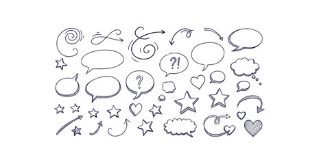 Hand drawn doodle elements pack with arrows speech bubbles stars and hearts