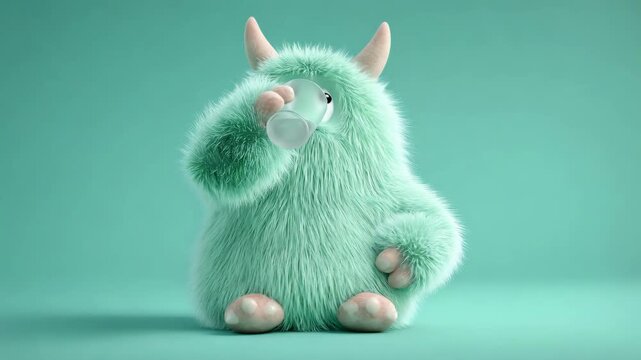 Cute furry cartoon monster takes a pill with water, a 3D character in a fluffy teal-colored animal costume takes medicine to get well