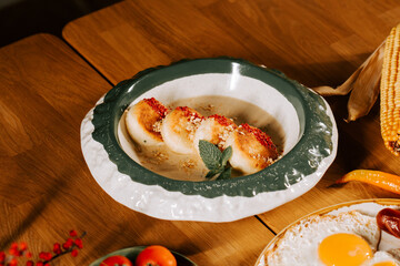 Delicious traditional dessert served on a decorative plate in a cozy dining space
