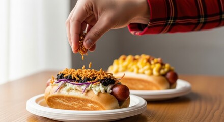 Chef preparing a gourmet hot dog with creative toppings. Hand sprinkling a crunchy garnish over coleslaw. Modern American street food concept for a restaurant menu presentation