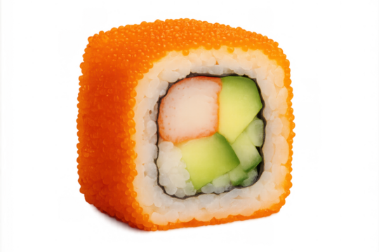 California roll sushi with crab stick, avocado, cucumber, and tobiko topping on transparent background