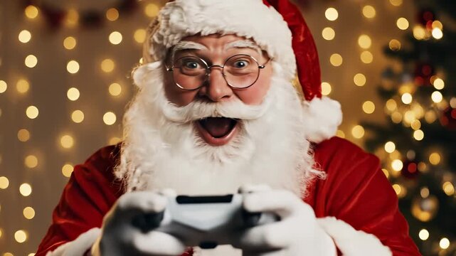 Santa Claus playing video games with a controller, indoor shot. A cheerful close-up, full of holiday spirit. Festive season, modern holiday, fun activity.