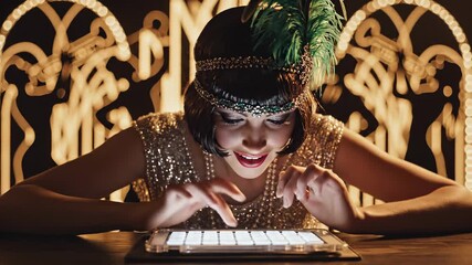 Woman in flapper dress uses a tablet with a neon art deco backdrop. Glamorous portrait of retro style. Digital age, twenties theme, modern technology.