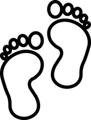Footprint and shoe print icon in black line style, including barefoot, boot, sneaker, trail, and walking track symbols, perfect outline and silhouette vector