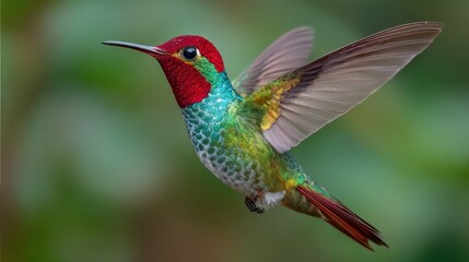 Fototapeta premium A vibrant hummingbird with a red head and green body hovers mid-air in a lush tropical forest. Sunlight highlights its iridescent feathers as it seeks nectar.