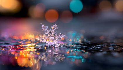 Obraz premium A delicate snowflake rests on a wet, reflective surface, catching multicolored light.