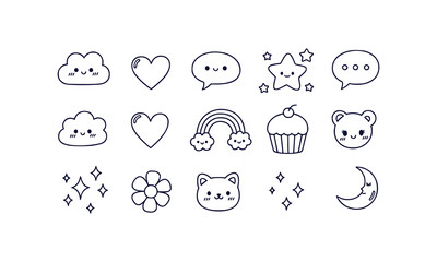 Cute kawaii doodle icons pack featuring hearts stars and speech bubbles for creative projects
