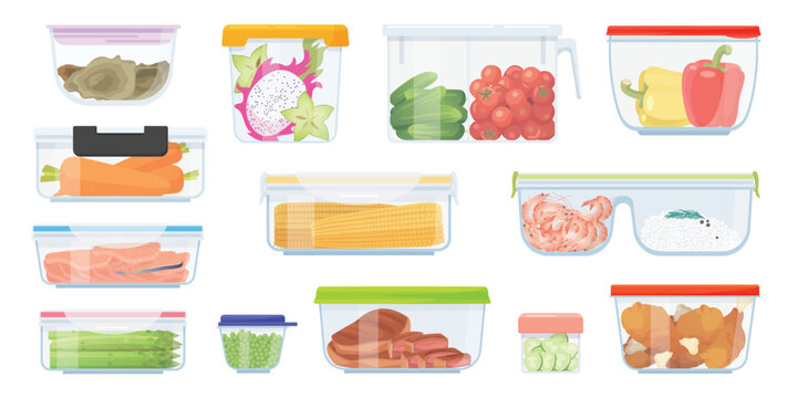 Plastic or glass lunch food storage containers set. Cooked meat and fish, fresh vegetable and fruit pieces for picnic, different prepared dinner leftovers collection cartoon vector illustration