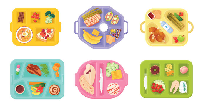 School lunch boxes with food, plastic trays with delicious meal set. Top view of open plates with breakfast or dinner dishes and desserts, healthy nutrition collection cartoon vector illustration