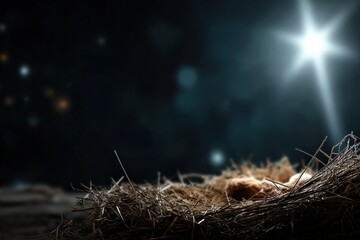 A serene nativity scene portrays the humble manger, illuminated by a brilliant star against a night sky, symbolizing hope and peace.  ..Created with Generative AI, not depicting real subjects.