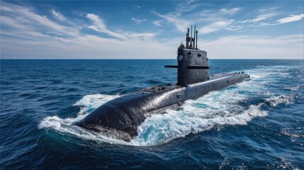 A large submarine cruises through the deep blue ocean, leaving a trail of white frothy waves behind it. The sun shines brightly in the sky, illuminating the scene.