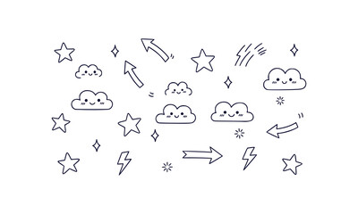 Cute hand drawn doodle elements including clouds stars arrows and lightning bolts in black line art