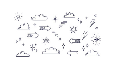 Cute hand drawn collection of abstract shapes weather icons and decorative elements in black line art
