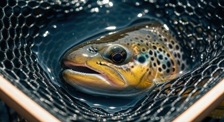 Brown trout caught in a landing net. Macro detail of a freshwater fish head. Recreational sport fishing hobby. Catch and release angling for conservation. Outdoor aquatic wildlife