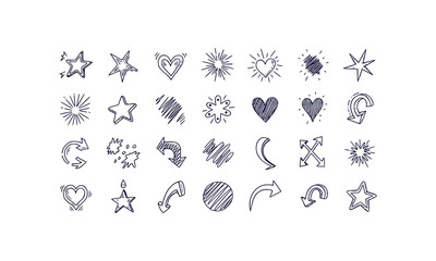 Playful hand drawn doodle icon set with stars hearts scribbles bursts and arrows