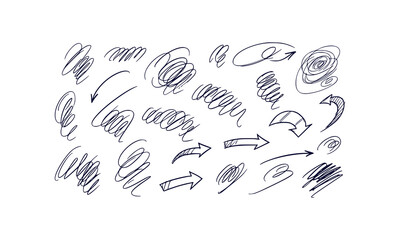 Hand drawn sketchy doodle elements including swirls highlights underlines and arrows for creative design