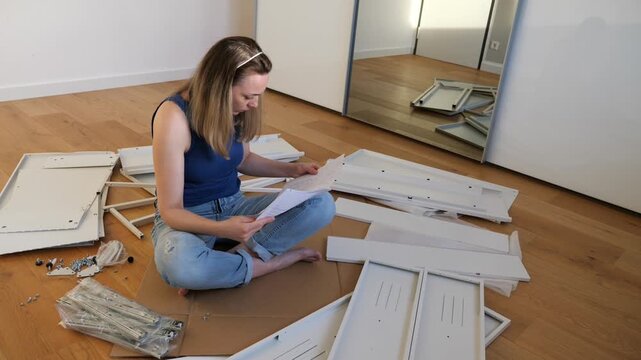 Person assembling flat-pack furniture on wooden floor, surrounded by panels, screws, and tools. Reading instructions near mirrored wardrobe. Indoor DIY scene showing home improvement process.