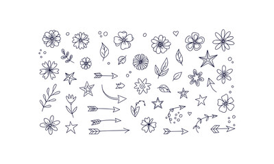 Playful hand drawn doodle set featuring flowers leaves stars and arrows on a clean white background