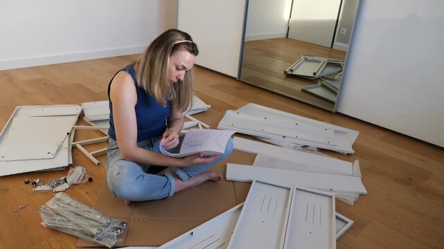 Person assembling flat-pack furniture on wooden floor, surrounded by panels, screws, and tools. Reading instructions near mirrored wardrobe. Indoor DIY scene showing home improvement process.