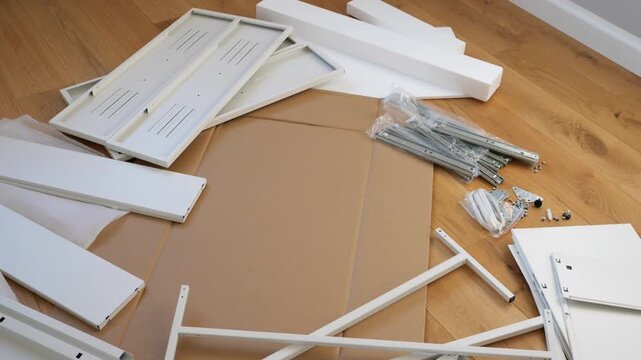 DIY furniture assembly parts laid out on wooden floor &ndash; white panels, metal rods, screws, bolts, and fasteners organized before building shelf, desk, or cabinet.