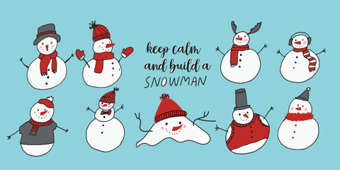 Playful vector illustrations of snowmen with funny winter quotes and sarcastic sayings. Perfect for holiday cards, T-shirts, mugs, posters, and seasonal designs.
