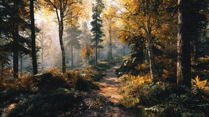 Obraz premium Golden autumn forest with winding path, cinematic ultra detailed 8k
