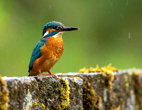 A vibrant kingfisher perched on a mossy surface during light rain - Powered by Adobe