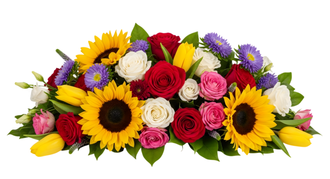 Vibrant and colorful floral arrangement featuring sunflowers roses tulips and asters isolated on transparent background