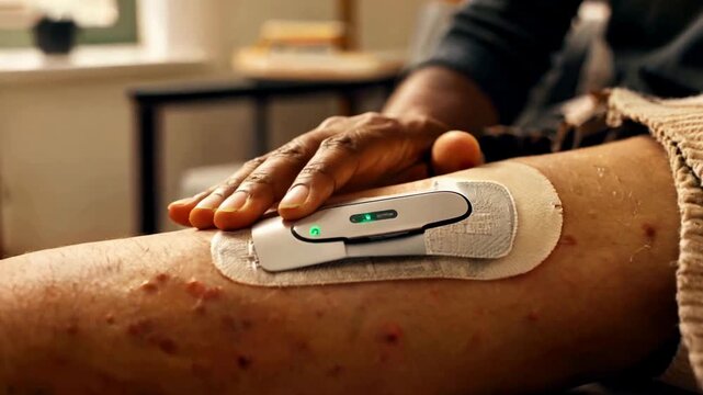Close-up of a persons arm with a medical device attached, possibly for continuous monitoring or drug delivery, highlighting modern healthcare technology and patient care.