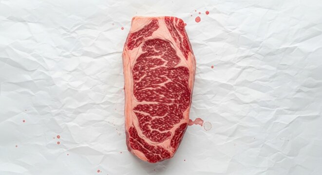 High quality marbled beef steak top view. Raw New York strip cut on butcher paper. Gourmet meat preparation for grilling. Fresh protein ingredient for a luxury culinary experience