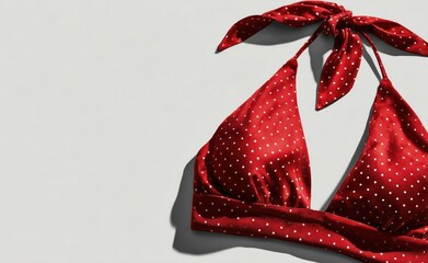 Red polka dot bikini top with bow tie detail on neutral light background Concept of retro summer fashion