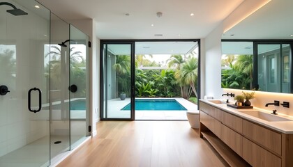Fototapeta premium Modern bathroom with shower, double vanity leads to private pool oasis. Tropical plants surround sparkling blue water, offering serene retreat. Spacious, bright room ideal for relaxation, luxury