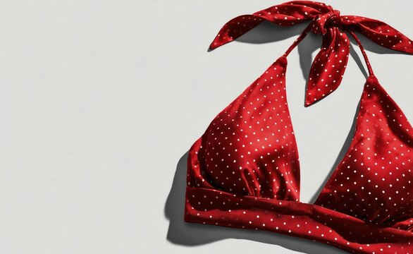 Red polka dot bikini top with bow tie detail on neutral light background Concept of retro summer fashion