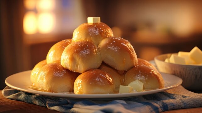 Golden dinner rolls arranged on a plate, butter melting, cozy kitchen lighting, ultra detailed 8k