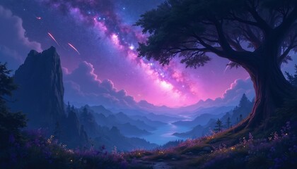 Starry night sky with purple galaxy, shooting stars over magical forest. Big tree on hill overlooks mountains, river. Dreamy mystical landscape enchanting background for fantasy art video game.