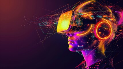 A young woman with short hair wears a virtual reality headset. Bright neon colors and digital graphics surround her, representing future technology and innovation.