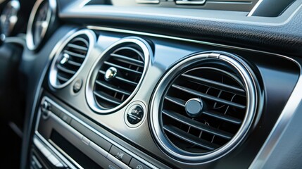 Close-up of a car's air conditioning vents and control panel. The sleek design features metallic accents and a modern aesthetic.