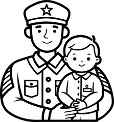  Veteran holding child, patriotic flat vector , Vector line art icon, Black And White  white background
