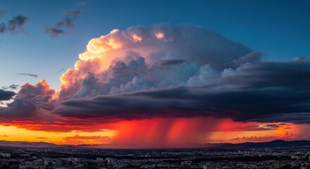 Massive cumulonimbus cloud formation. Vibrant sunset colors illuminating a rainstorm. Urban landscape under a powerful weather event. Climate and environmental concept