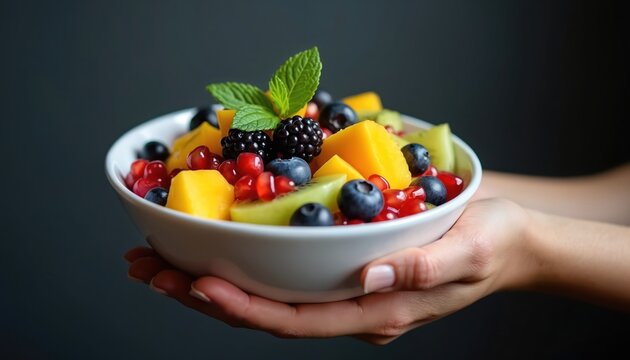 Hand holds white bowl filled with colorful mixed fruit salad. Mango chunks, blueberries, blackberries, kiwi slices, and pomegranate seeds are visible with mint leaves.