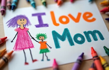 Childs crayon drawing reads I love Mom. Drawn characters of mother and child. Drawing with colorful crayons placed around. Creative art message for Mothers Day or family.