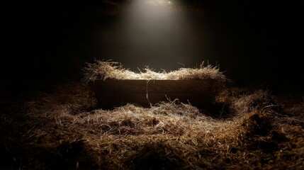 An Empty manger in a dimly lit stable bathed in a ray of hope from above. evokes the spirit of peace, hope, and reflection. ..Created with Generative AI, not depicting real subjects.
