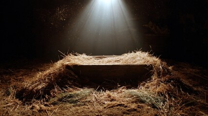 A captivating display of an empty manger, bathed in a celestial light. A scene filled with mystery and faith. ..Created with Generative AI, not depicting real subjects.