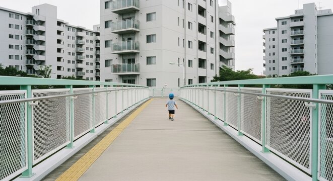 Young child walking away on a pedestrian overpass in a modern city. Japanese residential apartment buildings. Concept of childhood journey and independence. Urban architecture and city living - Powered by Adobe