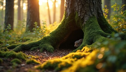 Squirrel peeks out from mossy tree den in woodland during golden hour. Cute rodent hides in hollow tree root. Sunlight shines through forest. Moss covers ground, roots. Concept of forest animal