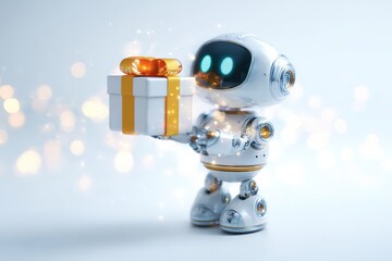 A futuristic robot tenderly offers a pristine gift box, symbolizing generosity and technological advancement. ..Created with Generative AI, not depicting real subjects.