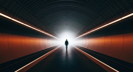 Male silhouette walking towards a bright light in a futuristic tunnel. Conceptual journey towards success and the future. Symmetrical architectural perspective for business innovation