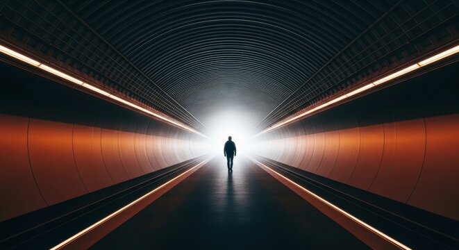 Male silhouette walking towards a bright light in a futuristic tunnel. Conceptual journey towards success and the future. Symmetrical architectural perspective for business innovation